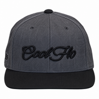 Front view of a Cool Flo snapback cap in Dark Grey featuring a raised 3D Black embroidered Script logo and flat visor.