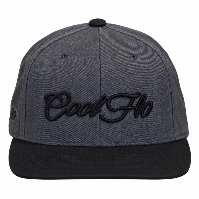 Front view of a Cool Flo snapback cap in Dark Grey featuring a raised 3D Black embroidered Script logo and flat visor.