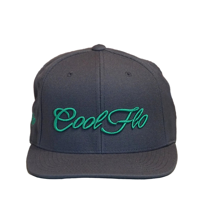 Front view of a Cool Flo snapback cap in Dark Grey featuring a raised 3D Green embroidered Script logo and flat visor