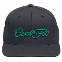 Front view of a Cool Flo snapback cap in Dark Grey featuring a raised 3D Green embroidered Script logo and flat visor.