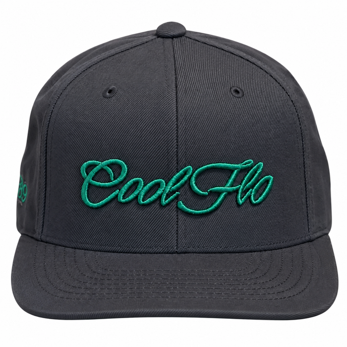 Front view of a Cool Flo snapback cap in Dark Grey featuring a raised 3D Green embroidered Script logo and flat visor.