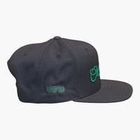 Right side view of a Cool Flo Dark Grey/Green snapback cap featuring CF89 embroidered side detail, structured six-panel construction and adjustable snapback fastening