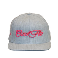 Front view of a Cool Flo Heather Grey snapback cap featuring a raised 3D Pink embroidered Script logo and flat visor