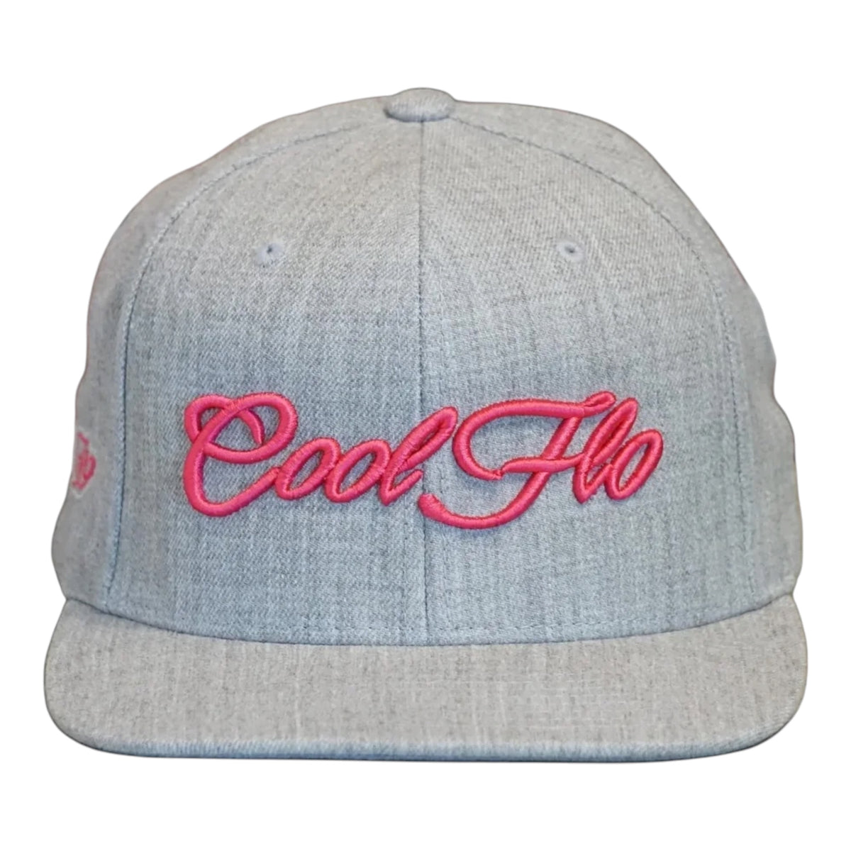 Front view of a Cool Flo Heather Grey snapback cap featuring a raised 3D Pink embroidered Script logo and flat visor