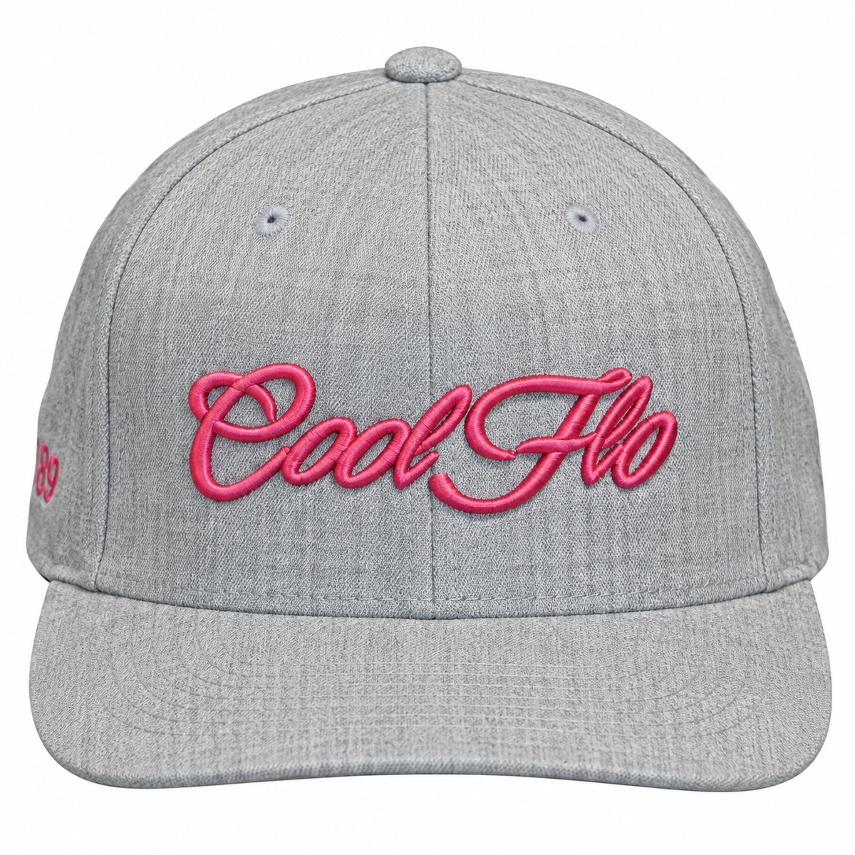 Front view of a Cool Flo Heather Grey snapback cap featuring a raised 3D Pink embroidered Script logo and flat visor.