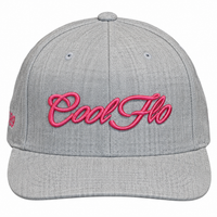 Front view of a Cool Flo Heather Grey snapback cap featuring a raised 3D Pink embroidered Script logo and flat visor.
