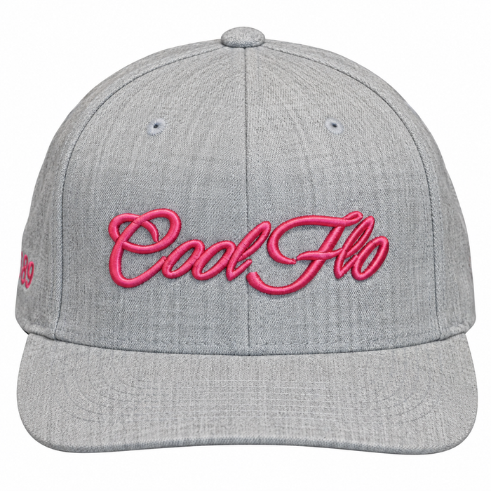 Front view of a Cool Flo Heather Grey snapback cap featuring a raised 3D Pink embroidered Script logo and flat visor.