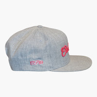 Right side view of a Cool Flo Heather Grey/Pink  snapback cap featuring CF89 embroidered side detail, structured six-panel construction and adjustable snapback fastening