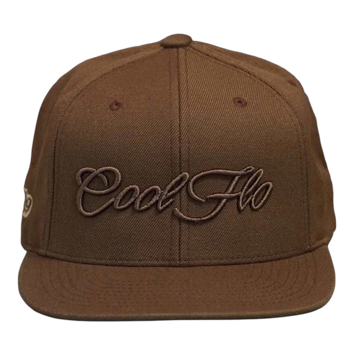 Front view of a Cool Flo Tan snapback cap featuring a matching raised 3D embroidered Script logo and flat visor