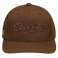 Front view of a Cool Flo Tan snapback cap featuring a matching raised 3D embroidered Script logo and flat visor.