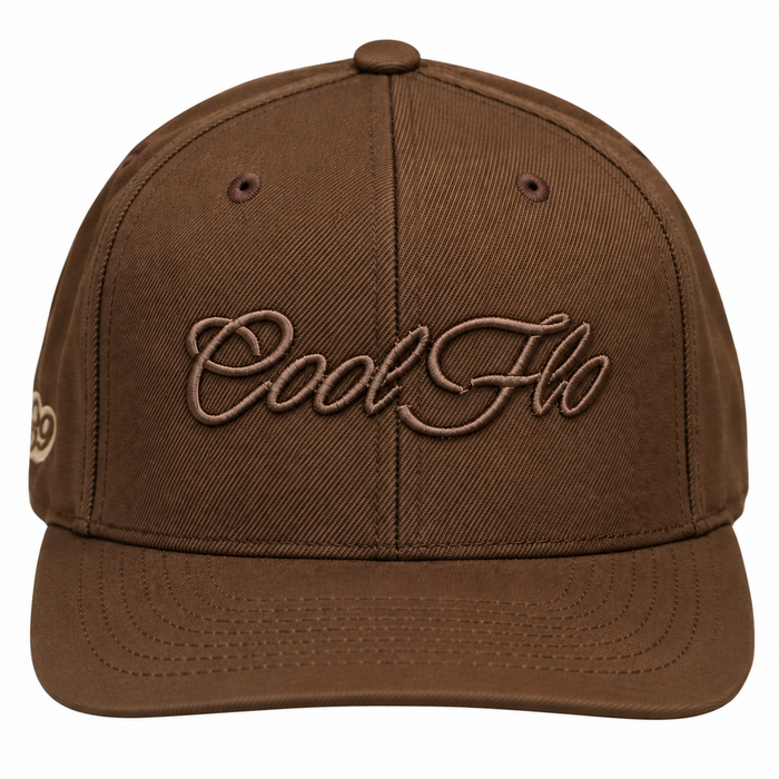 Front view of a Cool Flo Tan snapback cap featuring a matching raised 3D embroidered Script logo and flat visor.