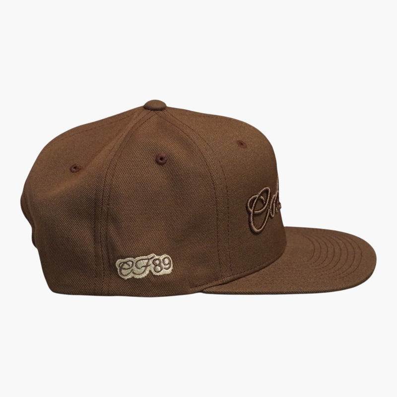 Right side view of a Cool Flo Tan snapback cap featuring CF89 embroidered side detail, structured six-panel construction and adjustable snapback fastening