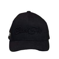 Front view of a Cool Flo Black trucker cap featuring a raised 3D embroidered Script logo in Black and a curved visor