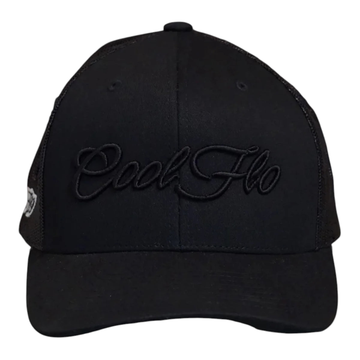 Front view of a Cool Flo Black trucker cap featuring a raised 3D embroidered Script logo in Black and a curved visor