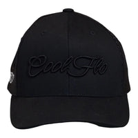 Front view of a Cool Flo Black trucker cap featuring a raised 3D embroidered Script logo in Black and a curved visor