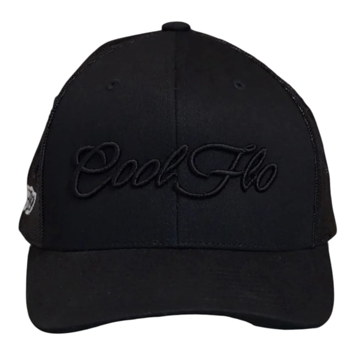 Front view of a Cool Flo Black trucker cap featuring a raised 3D embroidered Script logo in Black and a curved visor