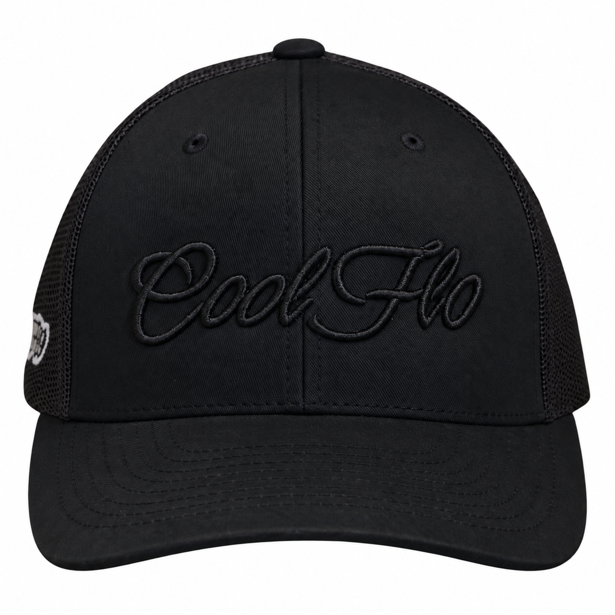 Front view of a Cool Flo Black trucker cap featuring a raised 3D embroidered Script logo in Black and a curved visor.