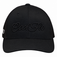 Front view of a Cool Flo Black trucker cap featuring a raised 3D embroidered Script logo in Black and a curved visor.