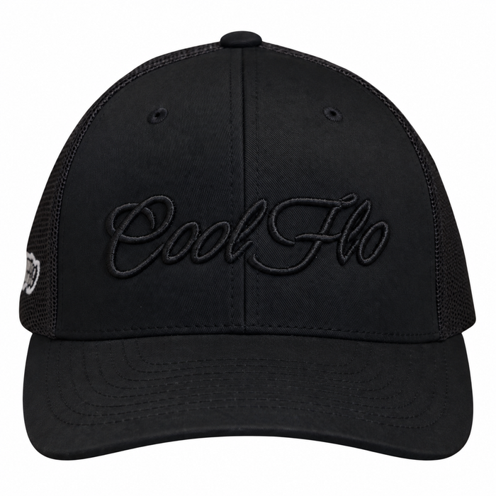 Front view of a Cool Flo Black trucker cap featuring a raised 3D embroidered Script logo in Black and a curved visor.