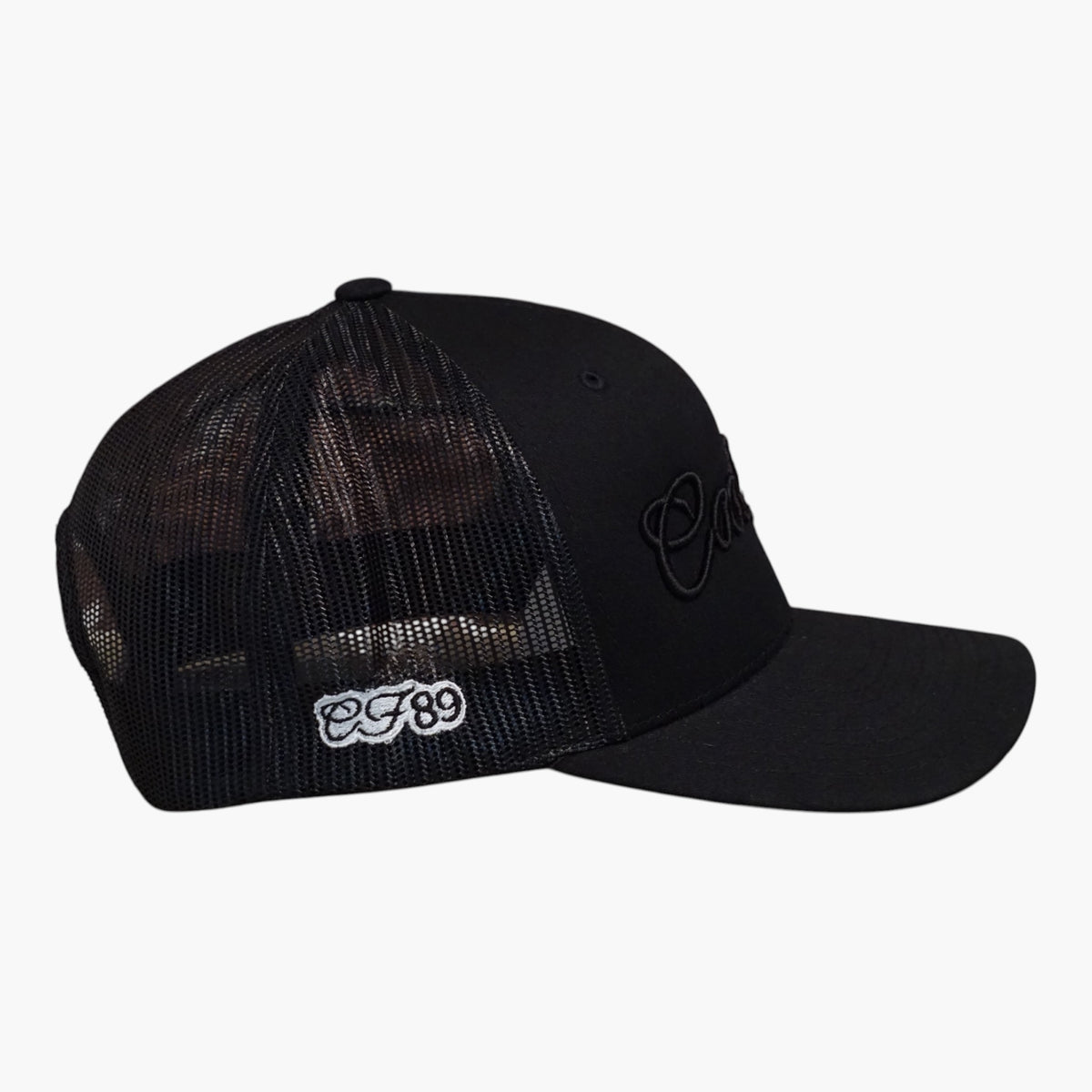 Right side view of a Cool Flo Black trucker cap featuring breathable mesh back panels, CF89 embroidered side detail and adjustable snapback fastening