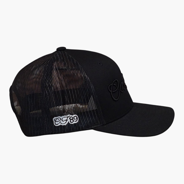Right side view of a Cool Flo Black trucker cap featuring breathable mesh back panels, CF89 embroidered side detail and adjustable snapback fastening