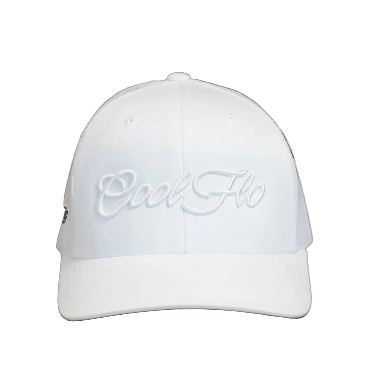 Front view of a Cool Flo White trucker cap featuring a raised 3D embroidered Script logo in White and a curved visor