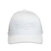 Front view of a Cool Flo White trucker cap featuring a raised 3D embroidered Script logo in White and a curved visor