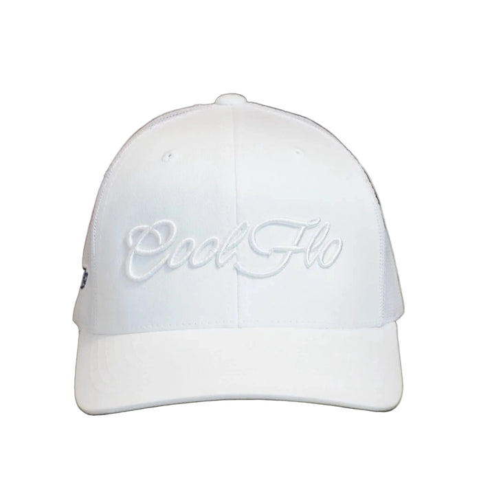 Front view of a Cool Flo White trucker cap featuring a raised 3D embroidered Script logo in White and a curved visor