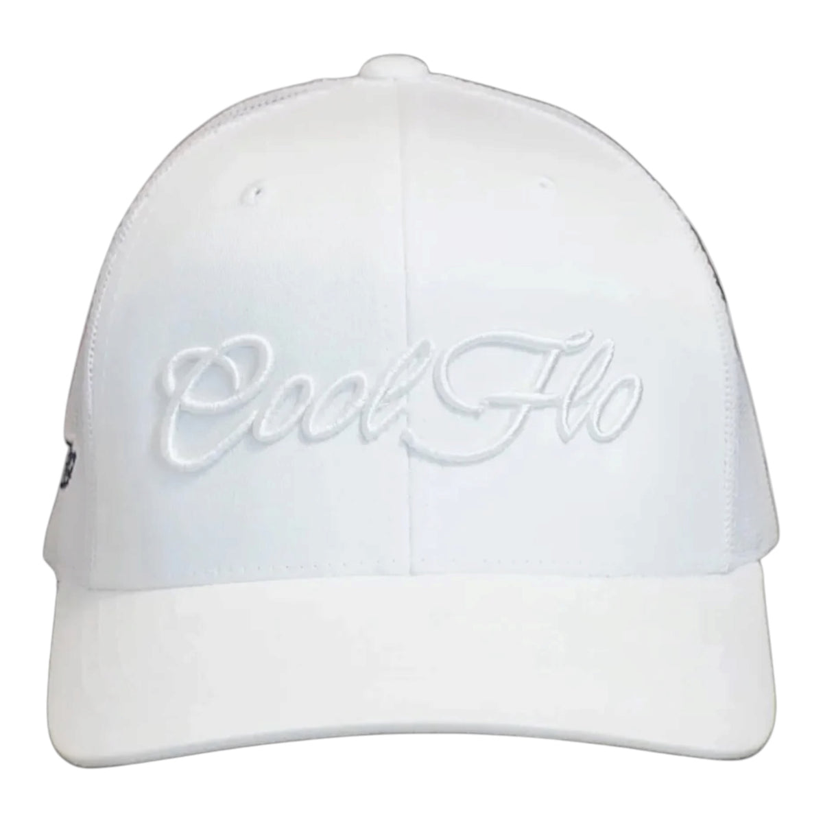 Front view of a Cool Flo White trucker cap featuring a raised 3D embroidered Script logo in White and a curved visor