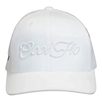 Front view of a Cool Flo White trucker cap featuring a raised 3D embroidered Script logo in White and a curved visor