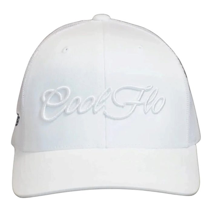 Front view of a Cool Flo White trucker cap featuring a raised 3D embroidered Script logo in White and a curved visor