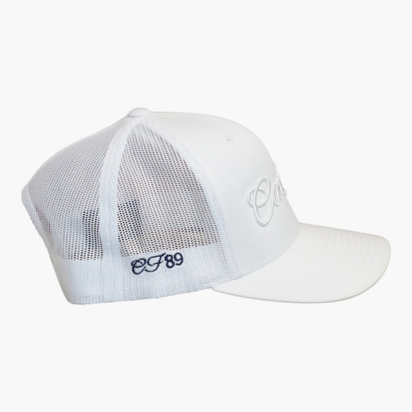 Right side view of a Cool Flo White trucker cap featuring breathable mesh back panels, CF89 embroidered side detail and adjustable snapback fastening
