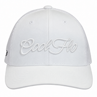 A white structured trucker-style cap with a curved brim, white mesh back panels, and raised white script embroidery reading 'Cool Flo' across the front. A small black side tag is visible on the left edge.