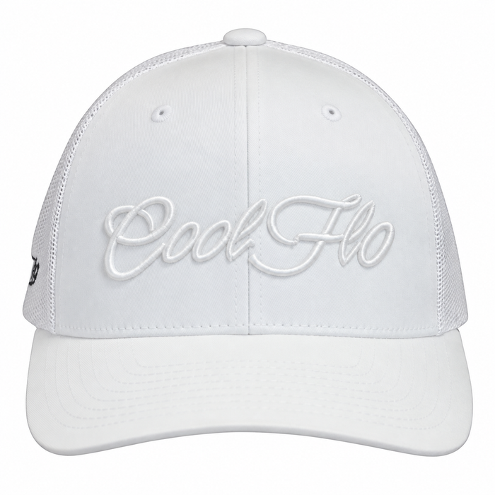 A white structured trucker-style cap with a curved brim, white mesh back panels, and raised white script embroidery reading 'Cool Flo' across the front. A small black side tag is visible on the left edge.