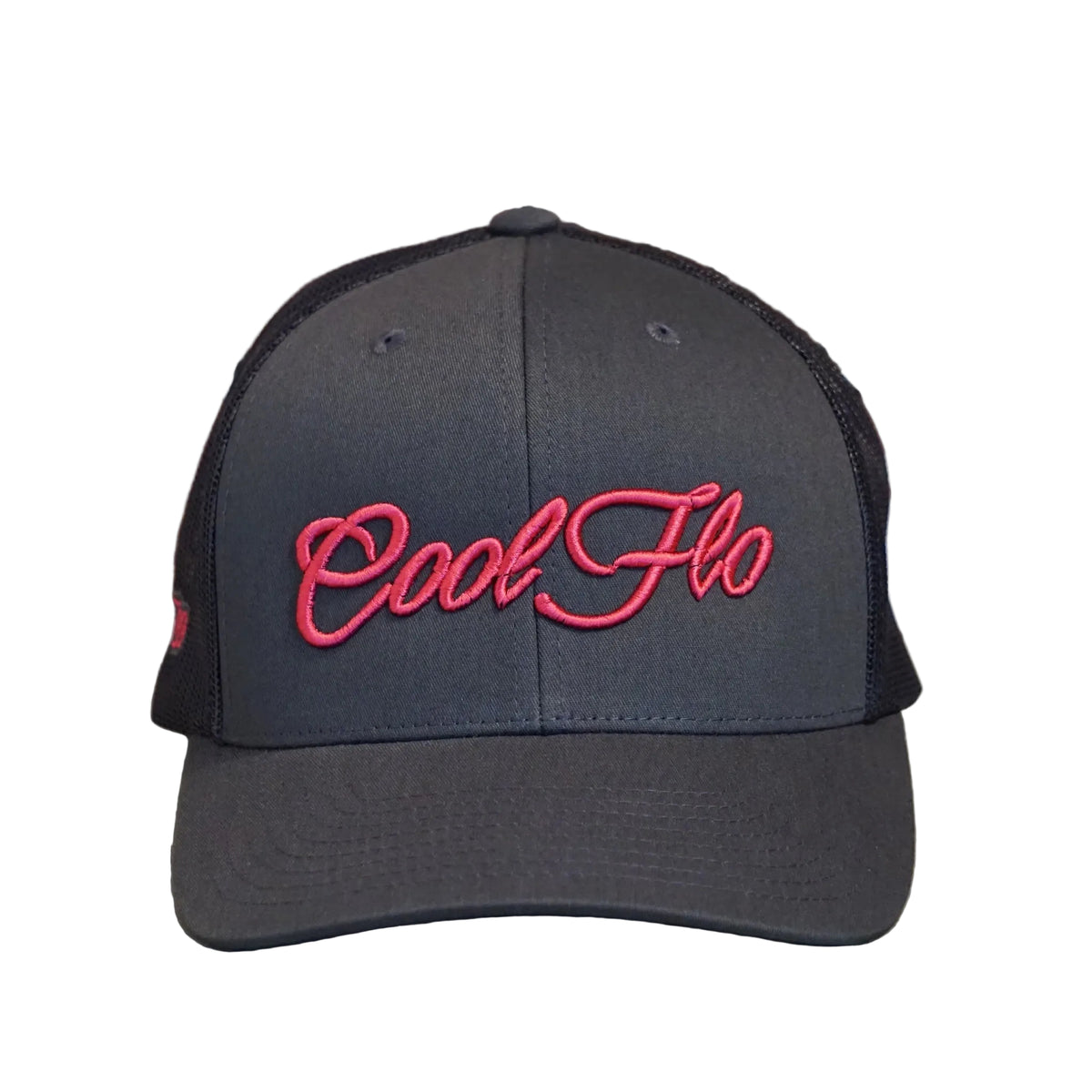 Cool Flo trucker cap in Black/Pink featuring a raised 3D embroidered Script logo and breathable mesh back panels - front 
