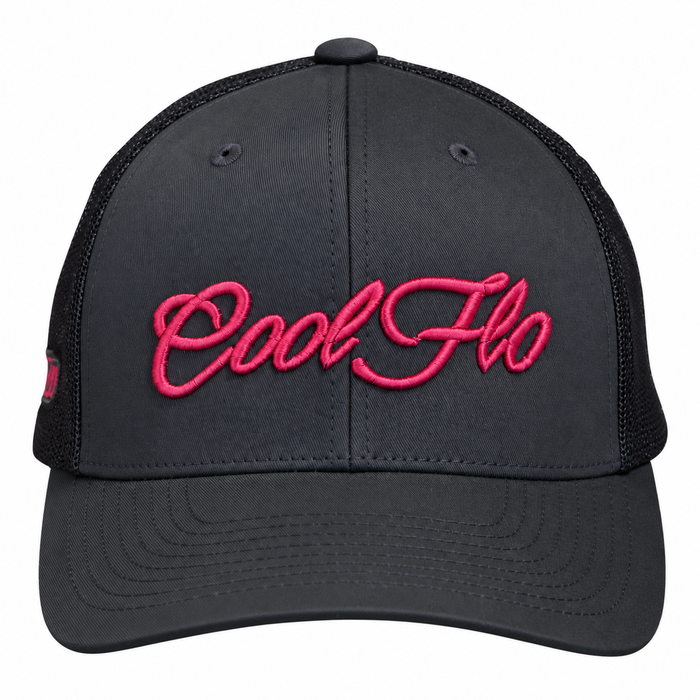 Cool Flo trucker cap in Black/Pink featuring a raised 3D embroidered Script logo and breathable mesh back panels - front.