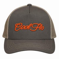A trucker cap with olive front and khaki mesh back featuring orange embroidered 'Cool Flo' script on the front panel.