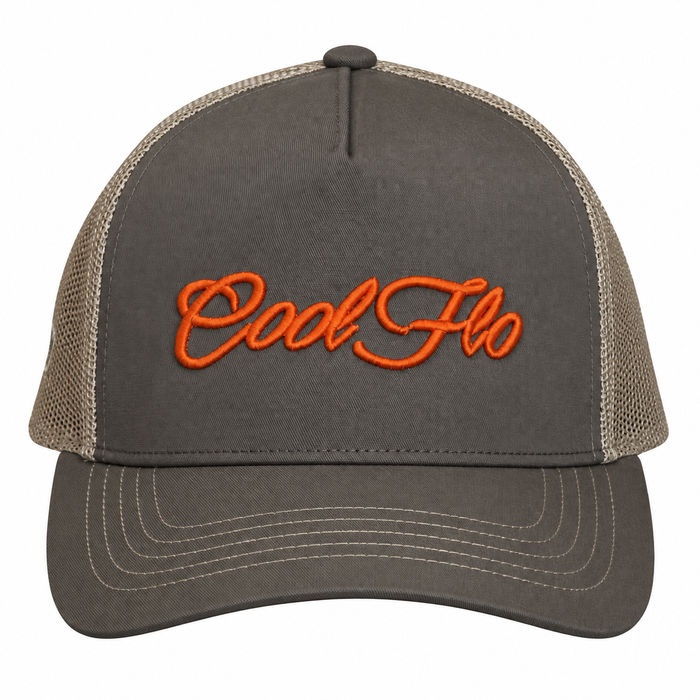 A trucker cap with olive front and khaki mesh back featuring orange embroidered 'Cool Flo' script on the front panel.
