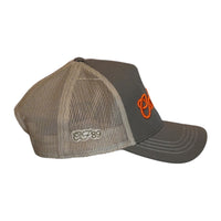 A trucker cap with olive front and khaki mesh back featuring orange embroidered 'Cool Flo' script on the front panel and CF 89 on the side.