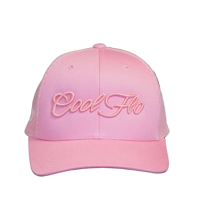Front view of a Cool Flo Pink trucker cap featuring a raised 3D embroidered Script logo in Pink and a curved visor