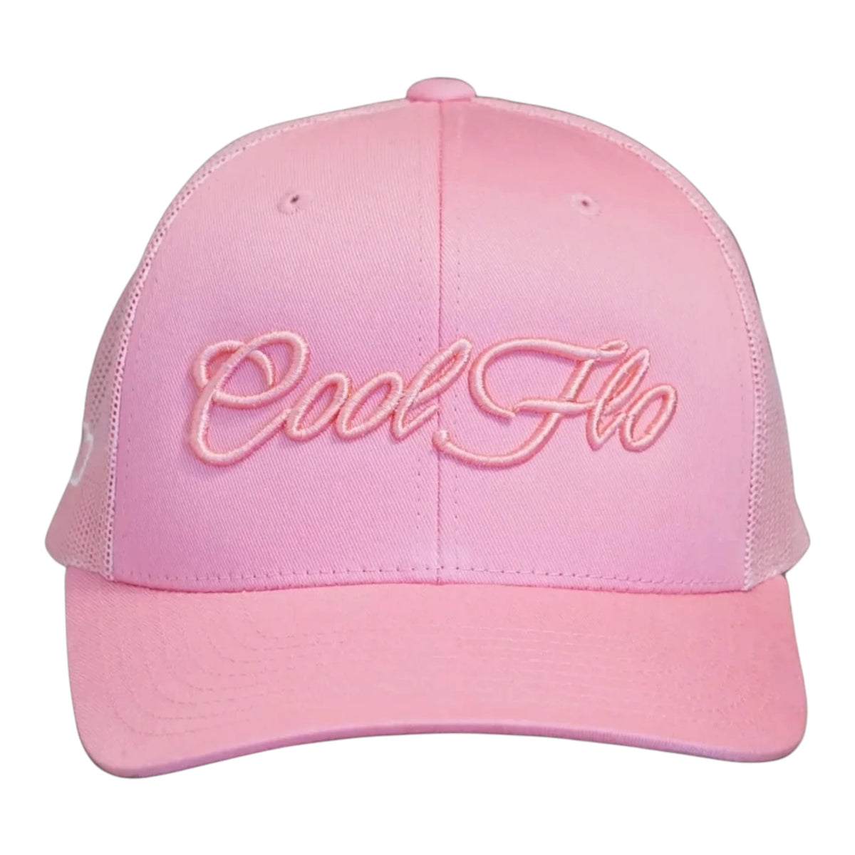 Front view of a Cool Flo Pink trucker cap featuring a raised 3D embroidered Script logo in Pink and a curved visor