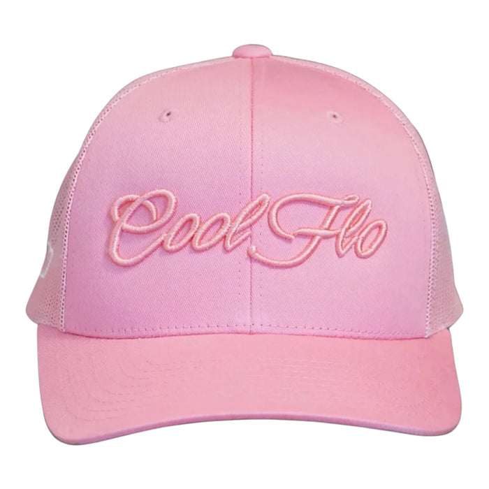 Front view of a Cool Flo Pink trucker cap featuring a raised 3D embroidered Script logo in Pink and a curved visor