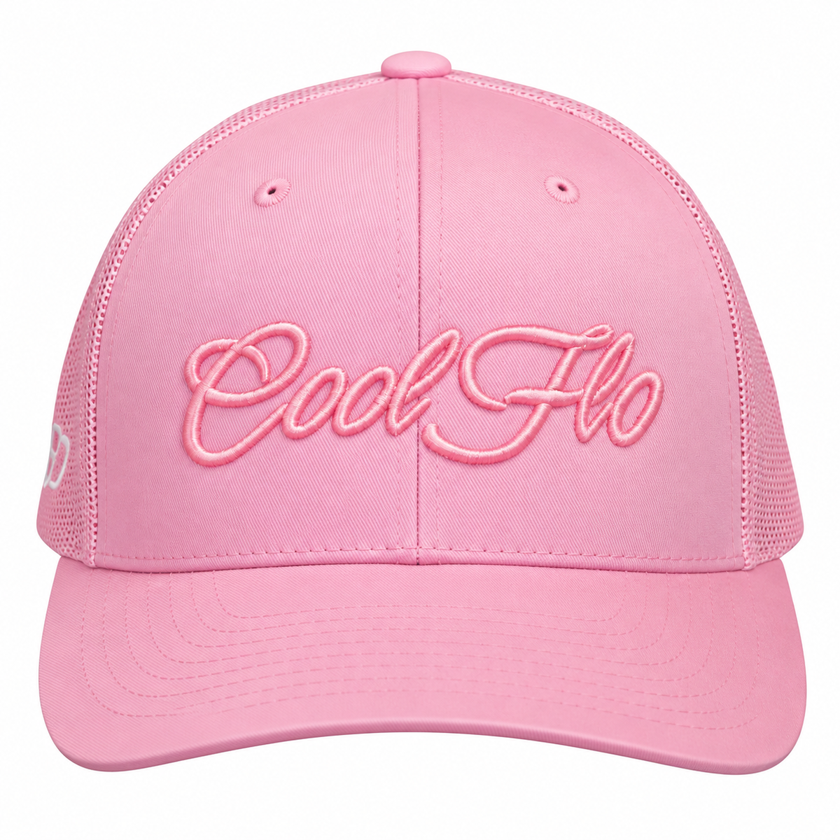 Front view of a Cool Flo Pink trucker cap featuring a raised 3D embroidered Script logo in Pink and a curved visor.