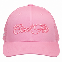 Front view of a Cool Flo Pink trucker cap featuring a raised 3D embroidered Script logo in Pink and a curved visor.