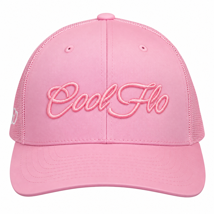 Front view of a Cool Flo Pink trucker cap featuring a raised 3D embroidered Script logo in Pink and a curved visor.