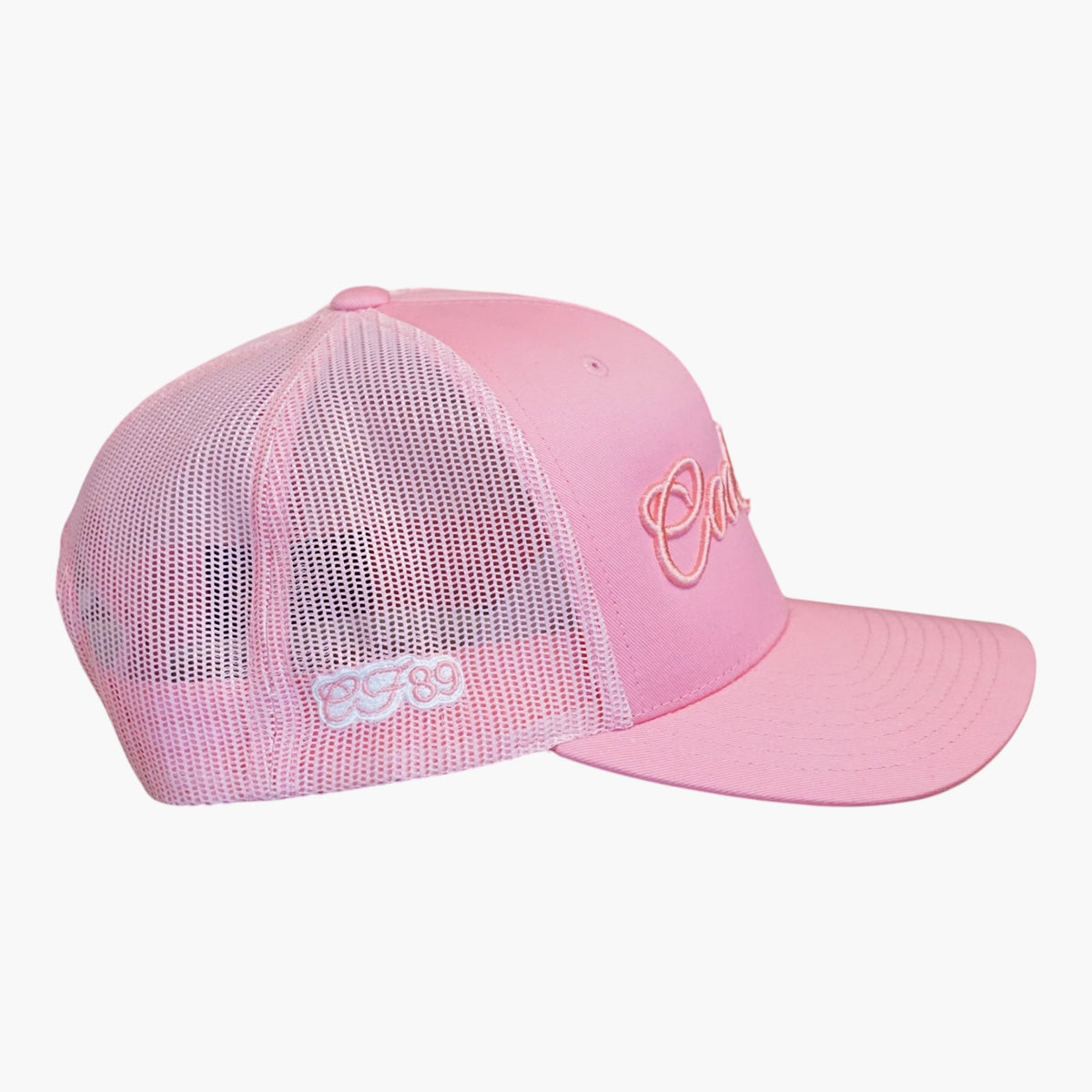 Right side view of a Cool Flo White trucker cap featuring breathable mesh back panels, CF89 embroidered side detail and adjustable snapback fastening