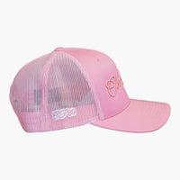 Right side view of a Cool Flo White trucker cap featuring breathable mesh back panels, CF89 embroidered side detail and adjustable snapback fastening