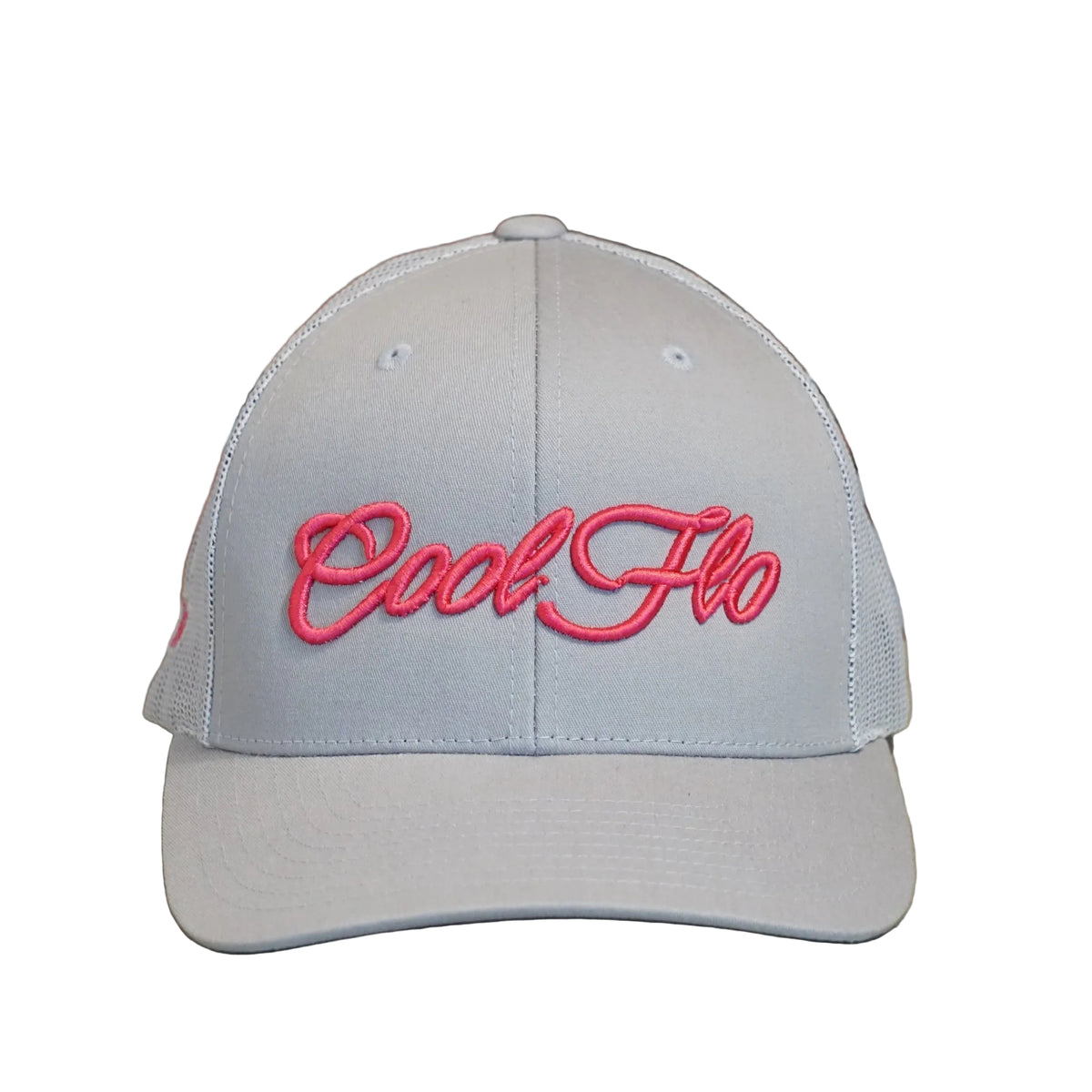 Cool Flo trucker cap in Silver/Pink featuring a raised 3D embroidered Script logo and breathable mesh back panels