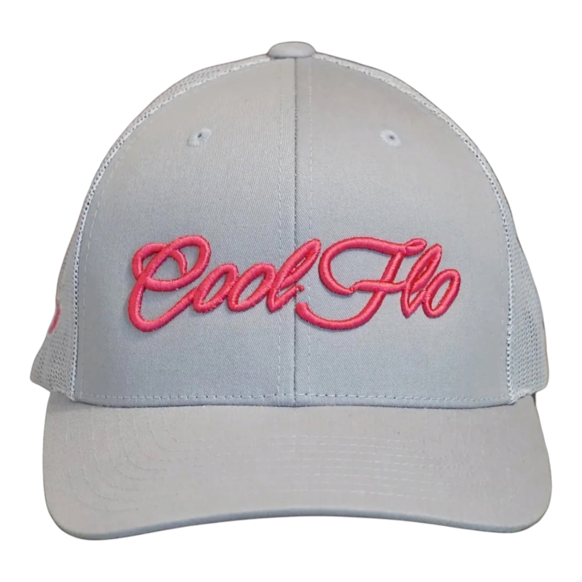 Cool Flo trucker cap in Silver/Pink featuring a raised 3D embroidered Script logo and breathable mesh back panels