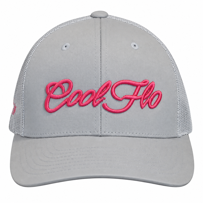 Cool Flo trucker cap in silver / pink featuring a raised 3D embroidered Script logo and breathable mesh back panels.